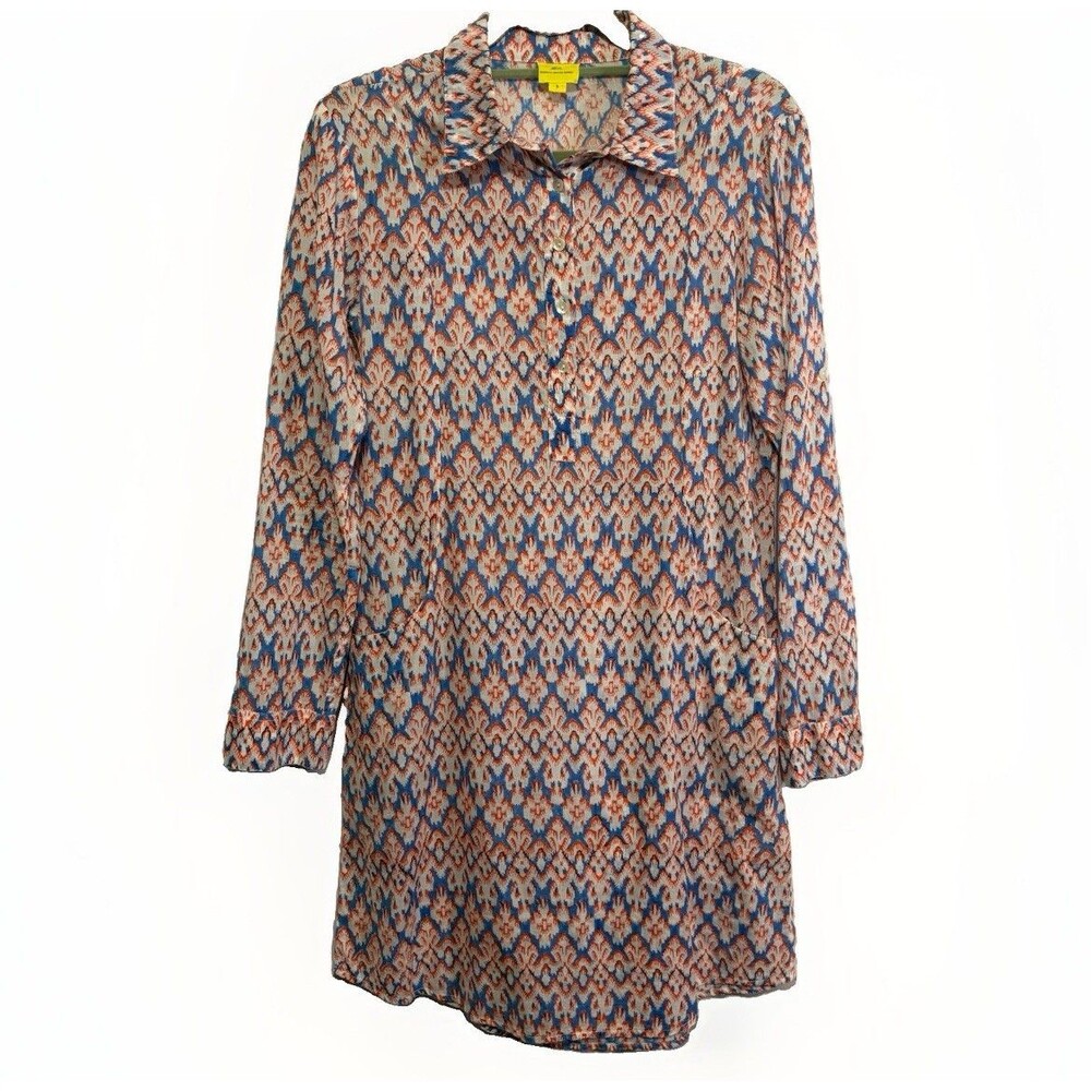 Roller Rabbit Blue Orange Ikat Roll Tab Sleeve Collared Tunic Shirt Dress Size S